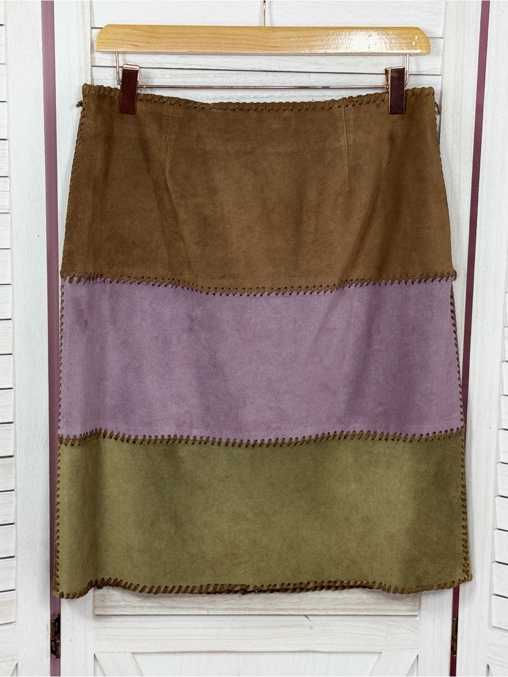 Etcetera Suede Colorblock Pencil Skirt Brown Lavender Olive Green 6 Boho Retro